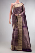 Violet Dual Tone Kanchipuram Silk Saree with Zari Brocade on the body and Zari Border.  displayed on a mannequin