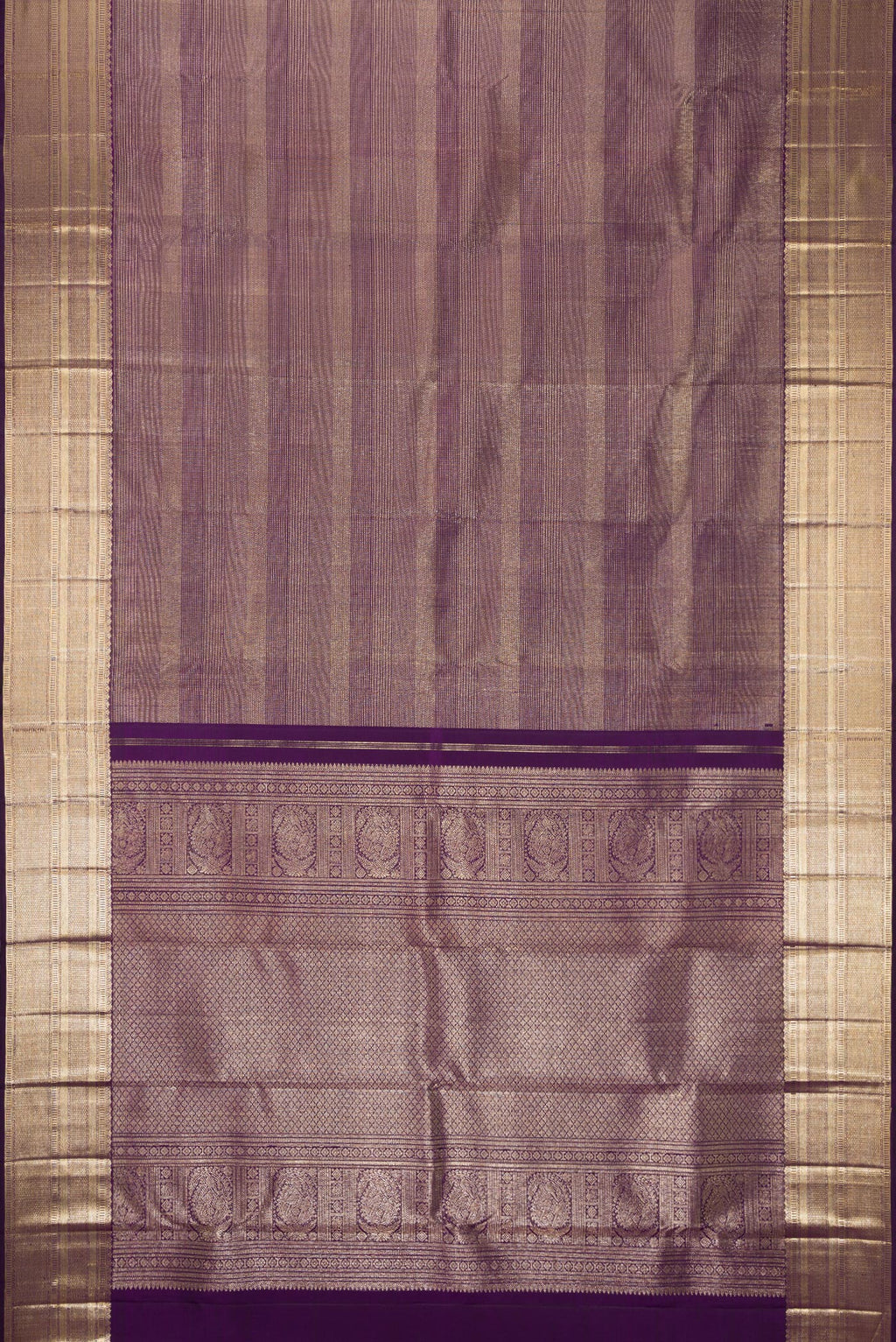 Flat view of Violet Dual Tone Kanchipuram Silk Saree with Zari Brocade on the body and Zari Border. 