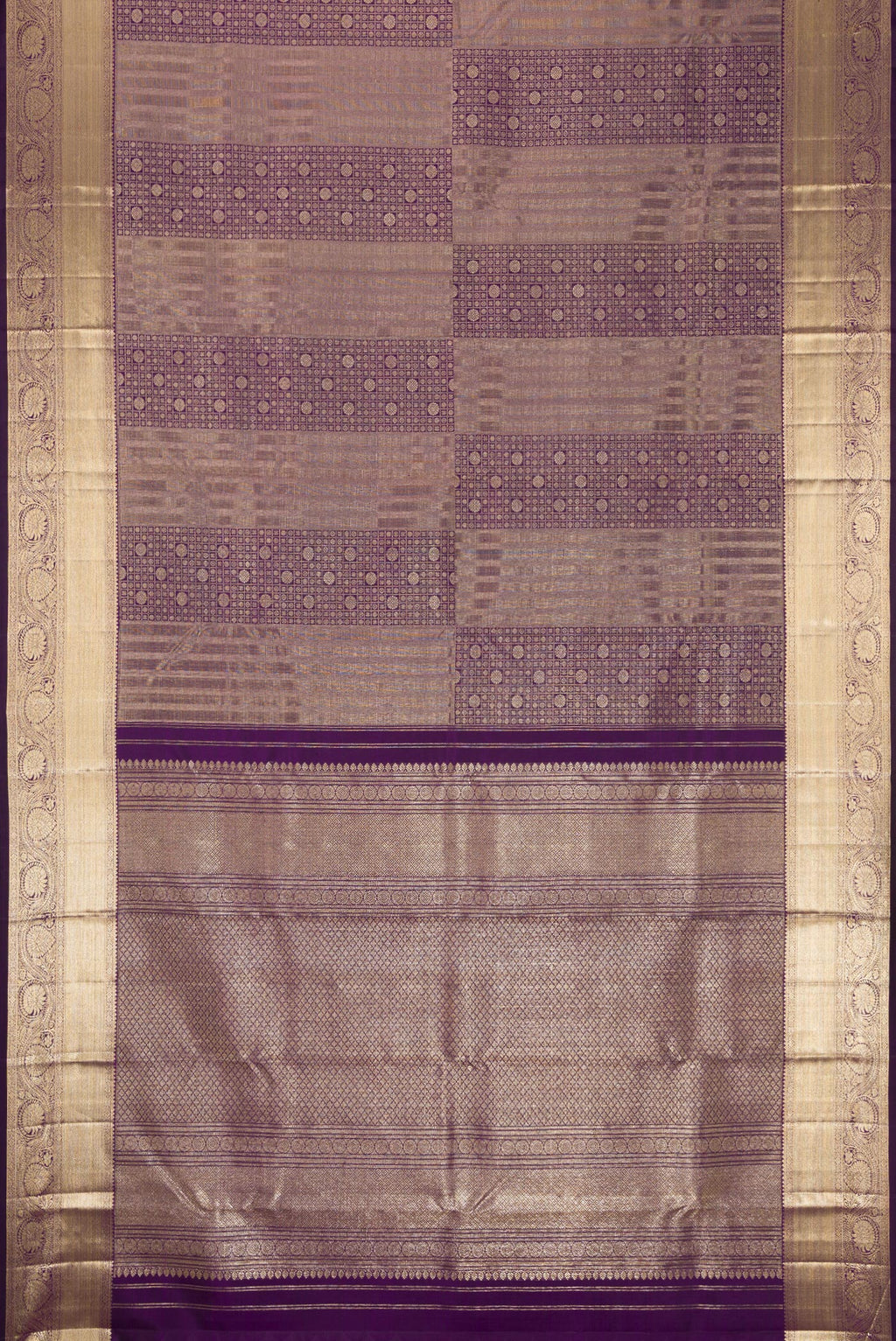 Flat view of Violet Dual Tone Kanchipuram Silk Saree with Zari Brocade on the body and Zari Border. 
