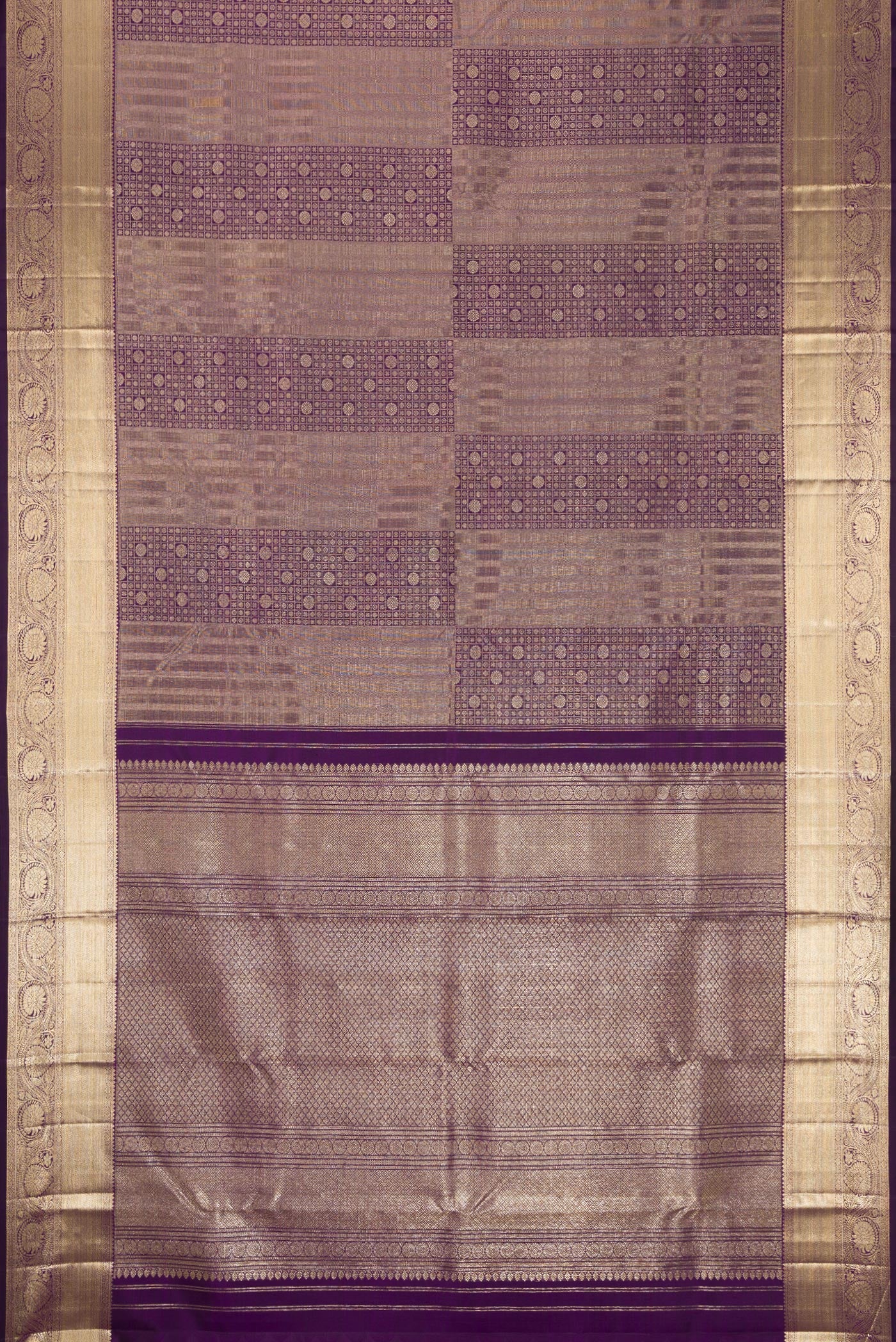 Flat view of Violet Dual Tone Kanchipuram Silk Saree with Zari Brocade on the body and Zari Border. 