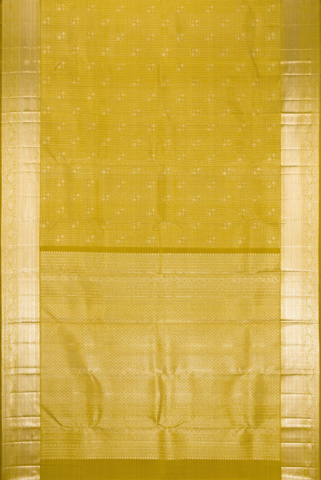 Flat view of Mehandi Green Dual Tone Kanchipuram Silk Saree with Zari Brocade on the body and Zari Border. 