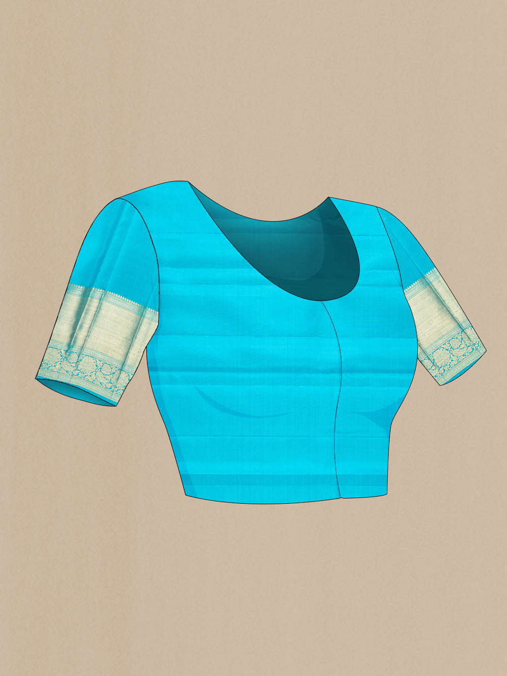 Close up image of the blouse of Sky Blue Kanchipuram Silk Saree with Zari Brocade on the body and Zari Border. 