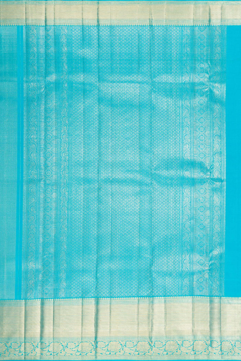 Close up image of the pallu of Sky Blue Kanchipuram Silk Saree with Zari Brocade on the body and Zari Border. 