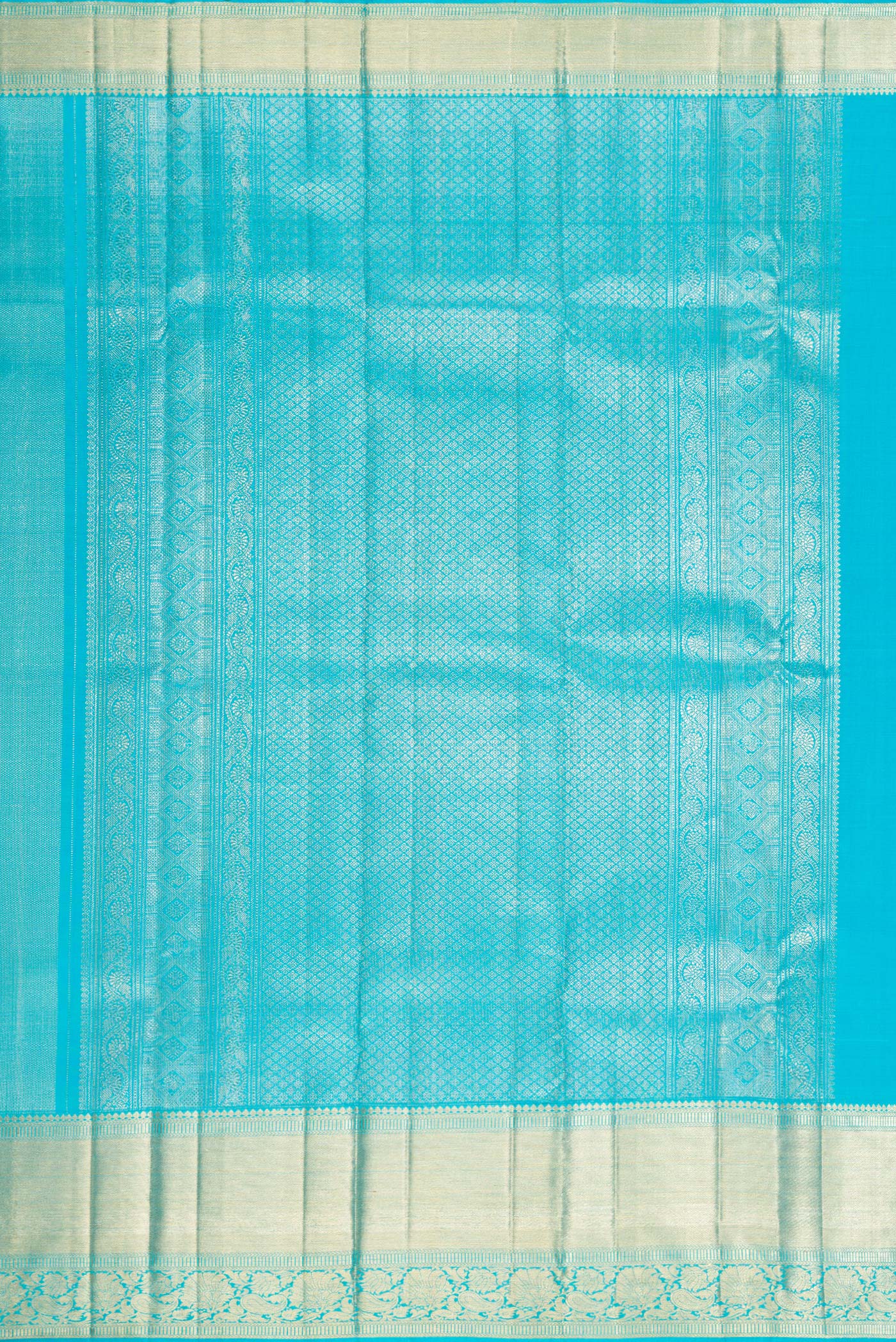 Close up image of the pallu of Sky Blue Kanchipuram Silk Saree with Zari Brocade on the body and Zari Border. 