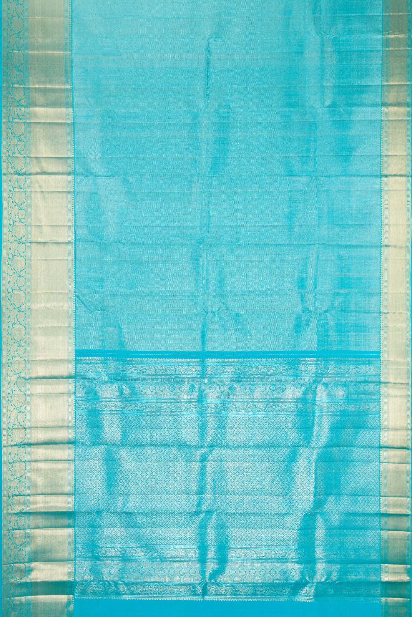 Flat view of Sky Blue Kanchipuram Silk Saree with Zari Brocade on the body and Zari Border. 