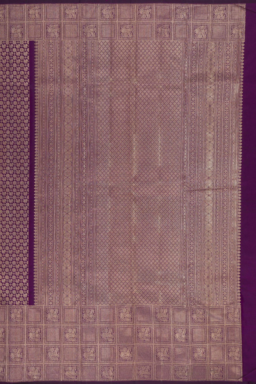 Close up image of the pallu of Purple Kanchipuram Silk Saree with Zari Brocade on the body and Fancy Border. 