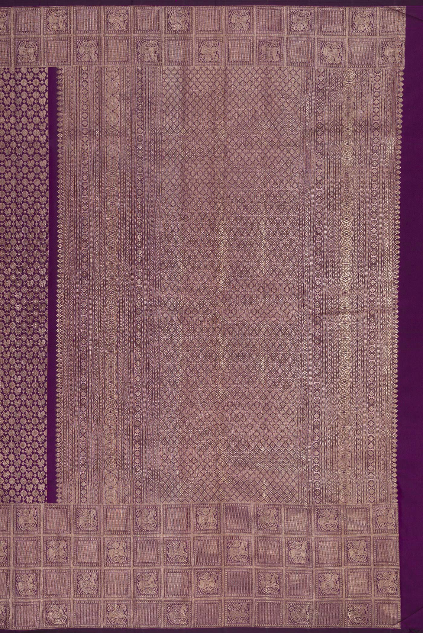 Close up image of the pallu of Purple Kanchipuram Silk Saree with Zari Brocade on the body and Fancy Border. 