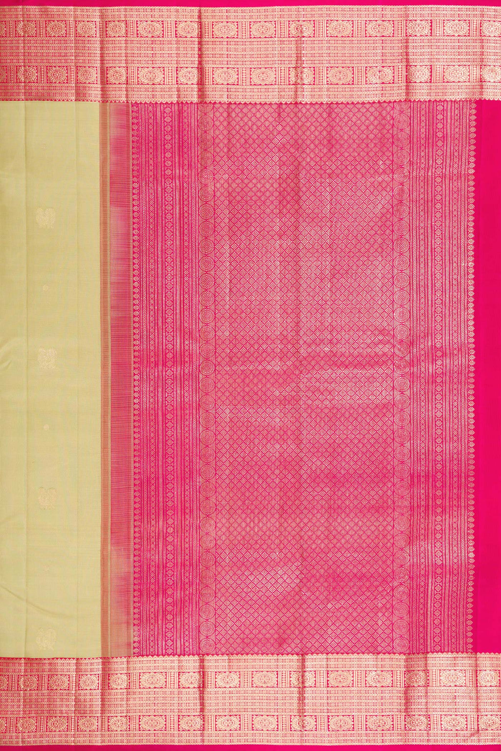 Close up image of the pallu of Pista Green Dual Tone Kanchipuram Silk Saree with Zari Butta on the body and Zari Border. 
