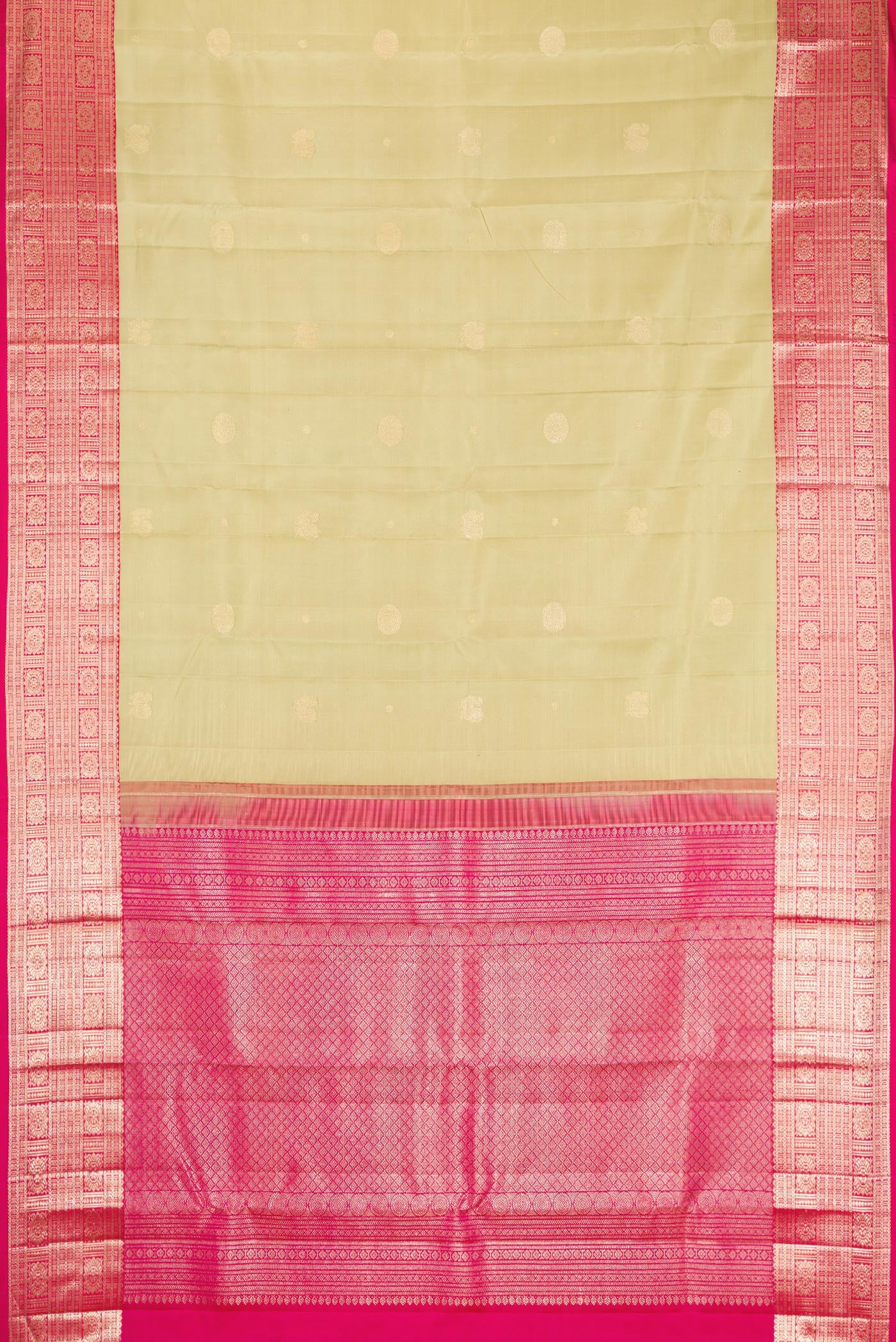 Flat view of Pista Green Dual Tone Kanchipuram Silk Saree with Zari Butta on the body and Zari Border. 