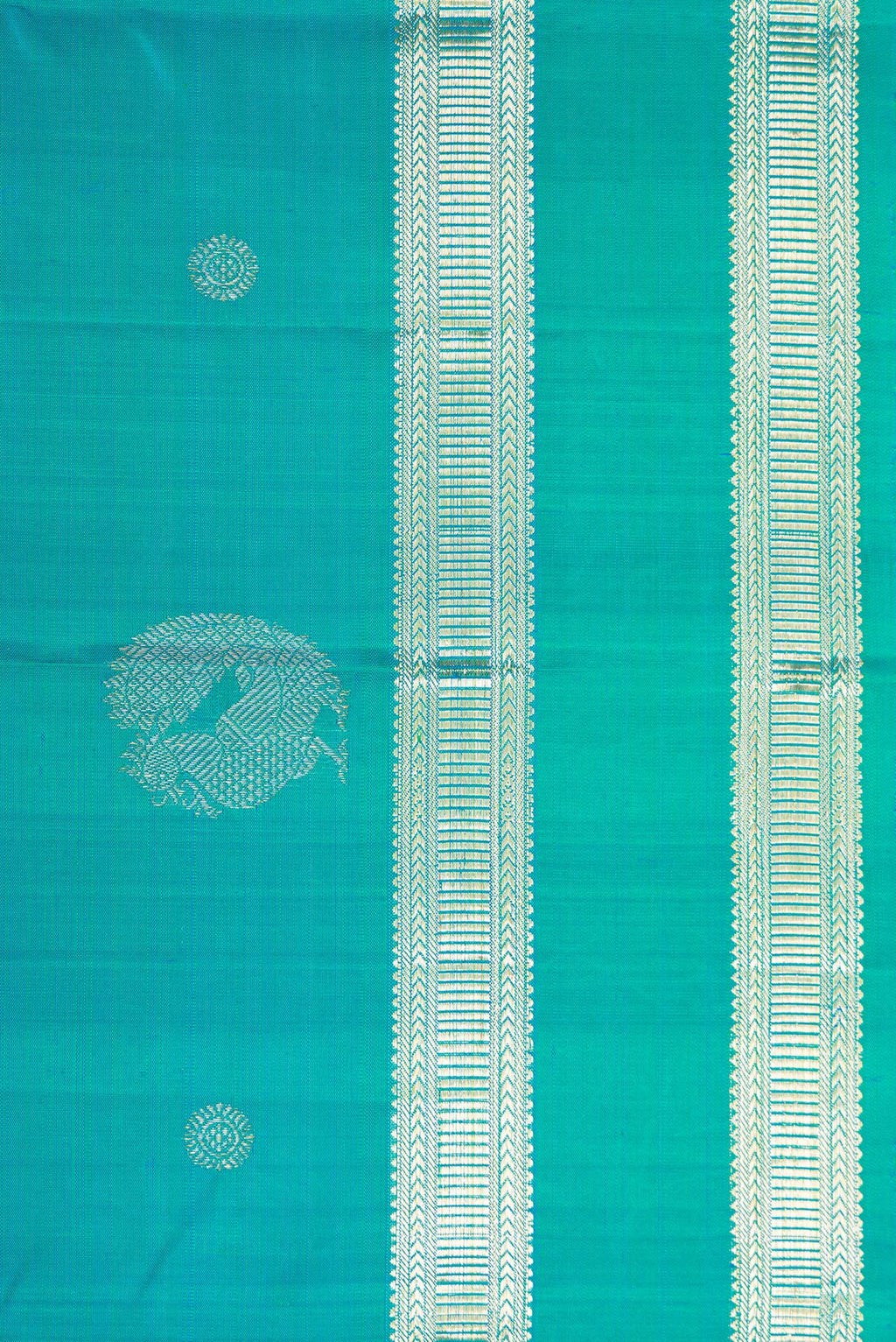 Border image of Peacock Blue Dual Tone Kanjivaram Silk Saree with Zari Butta on the body and Zari Border. 