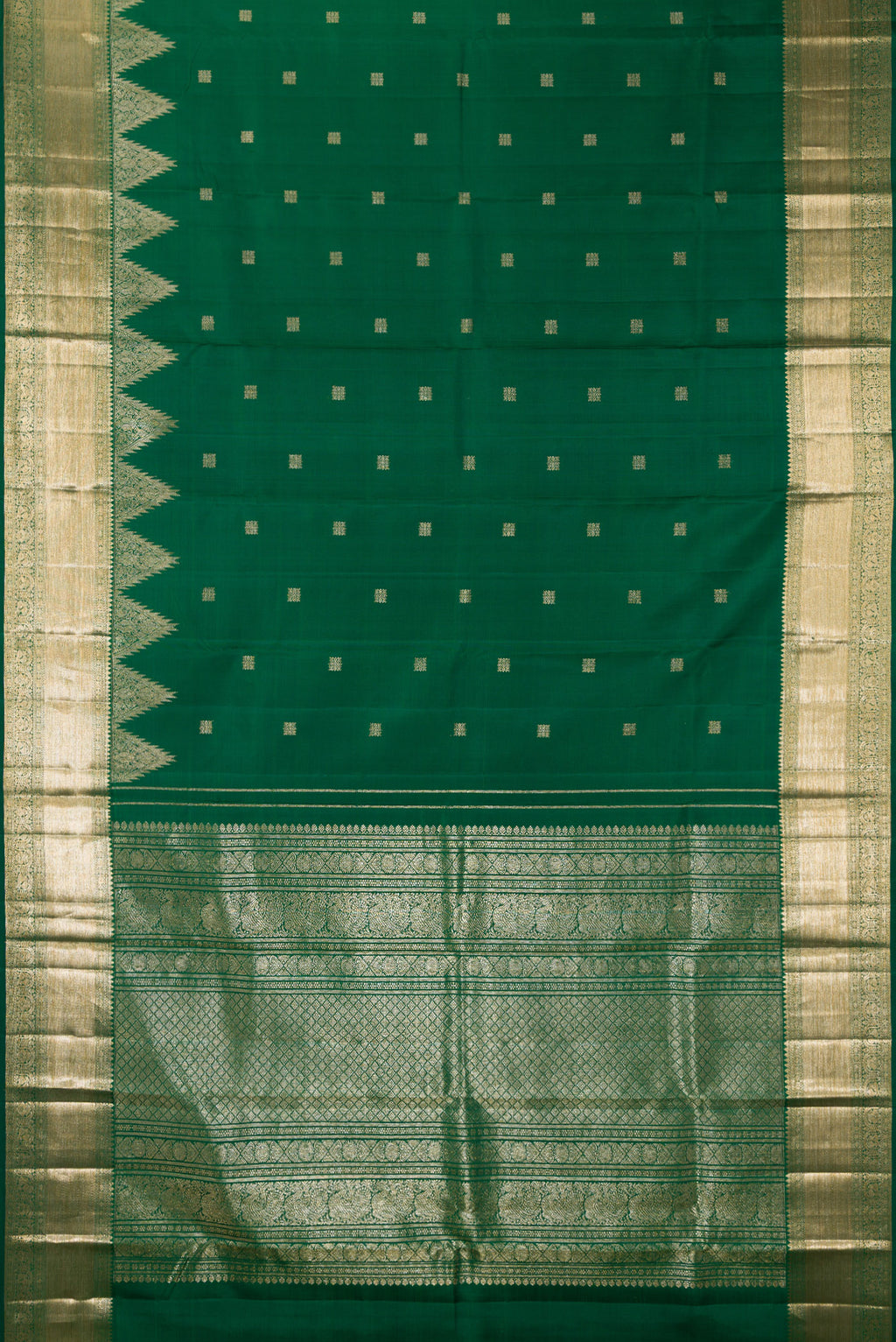 Flat view of Pure Silk Bottle Green Kanjivaram Saree with Zari Butta on the body and Zari Border. 
