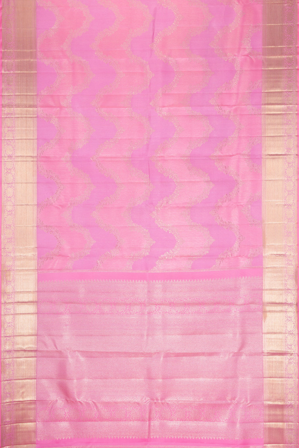 Flat view of Pink Dual Tone Kanjivaram Silk Saree with Zari Brocade on the body and Zari Border. 