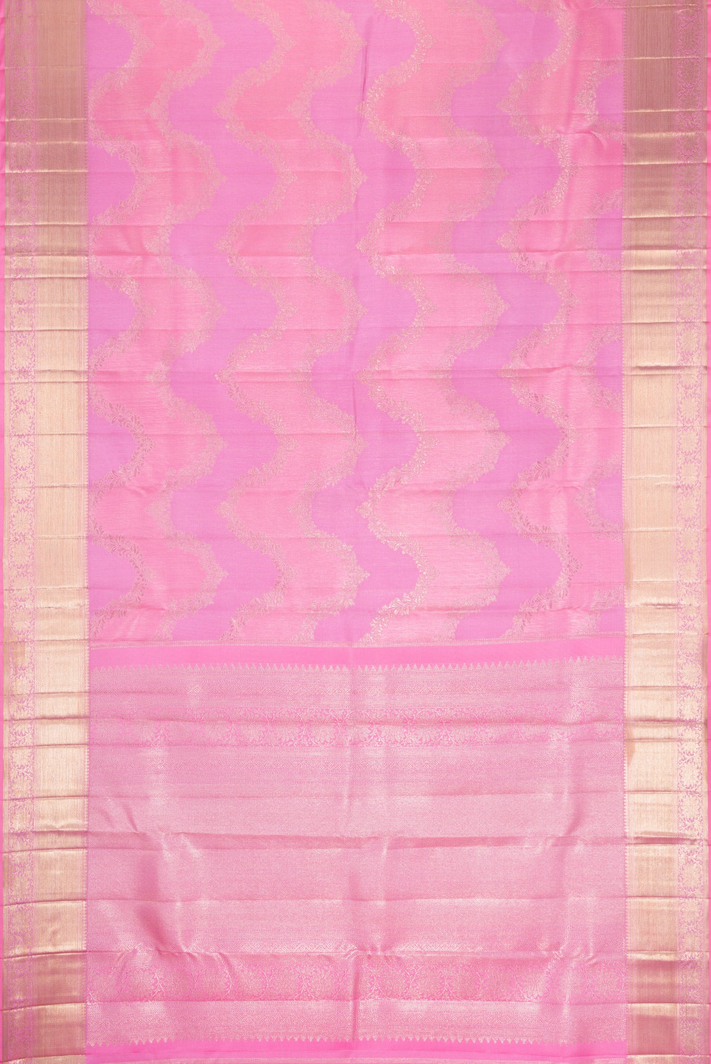 Flat view of Pink Dual Tone Kanjivaram Silk Saree with Zari Brocade on the body and Zari Border. 
