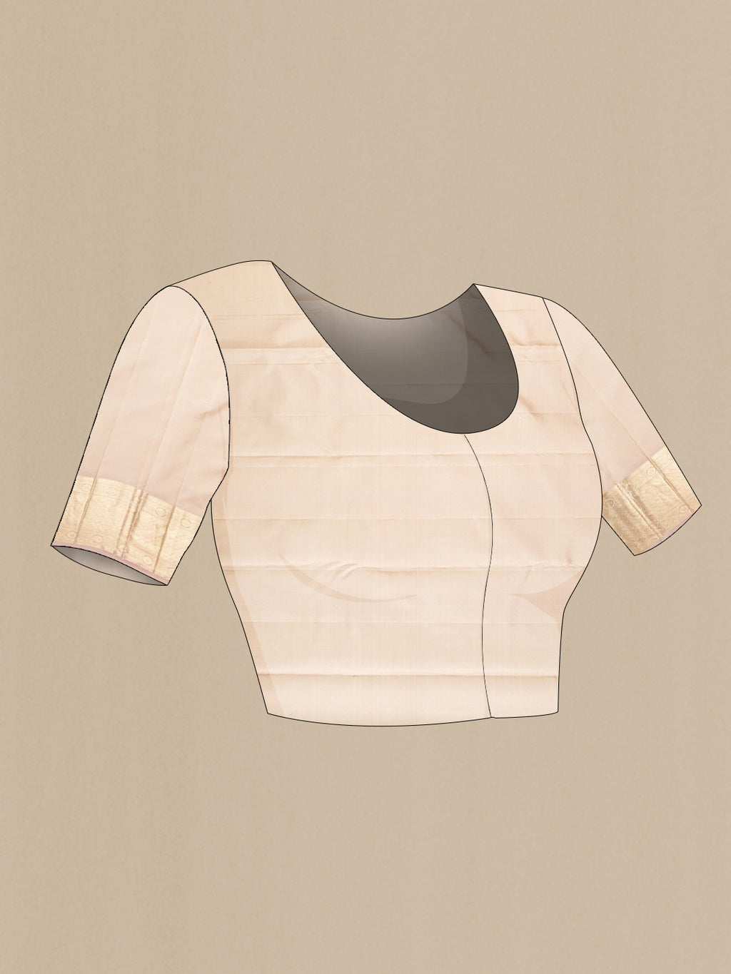Close up image of the blouse of Rose Gold Dual Tone Kanjivaram Silk Saree with Zari Brocade on the body and Zari Border. 