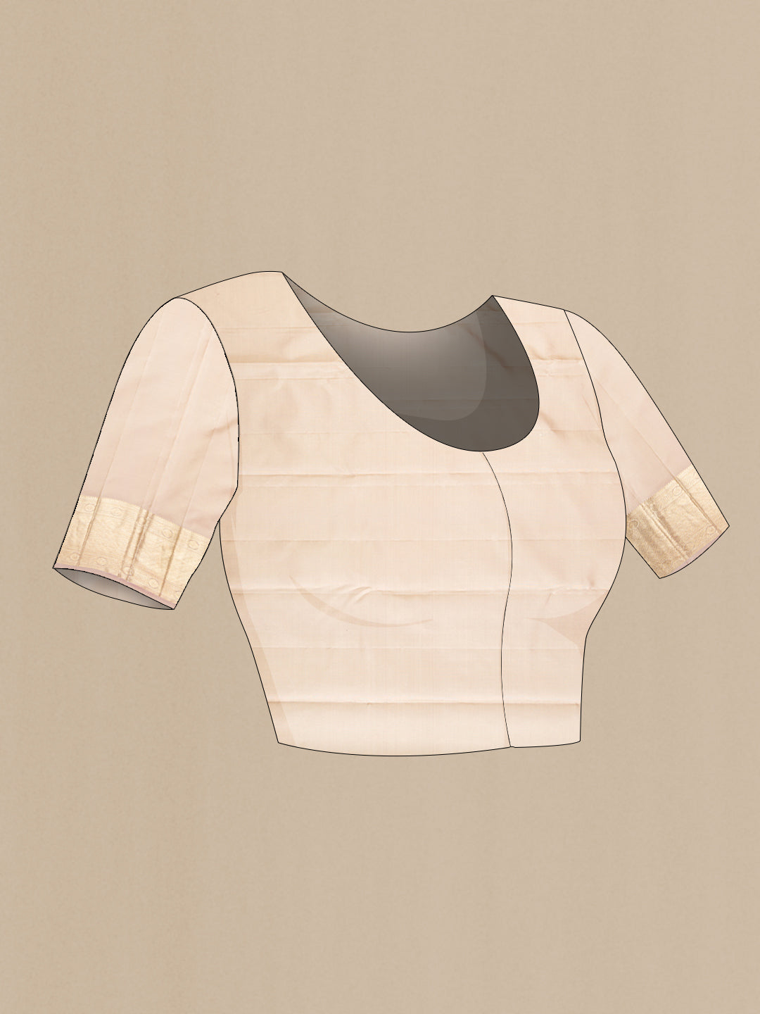 Close up image of the blouse of Rose Gold Dual Tone Kanjivaram Silk Saree with Zari Brocade on the body and Zari Border. 