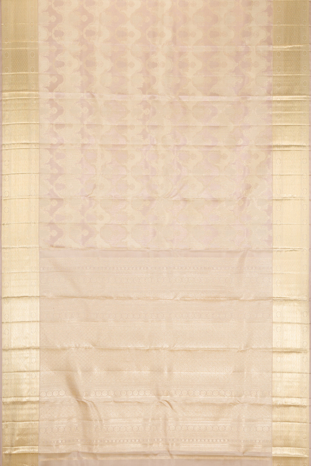 Flat view of Rose Gold Dual Tone Kanjivaram Silk Saree with Zari Brocade on the body and Zari Border. 