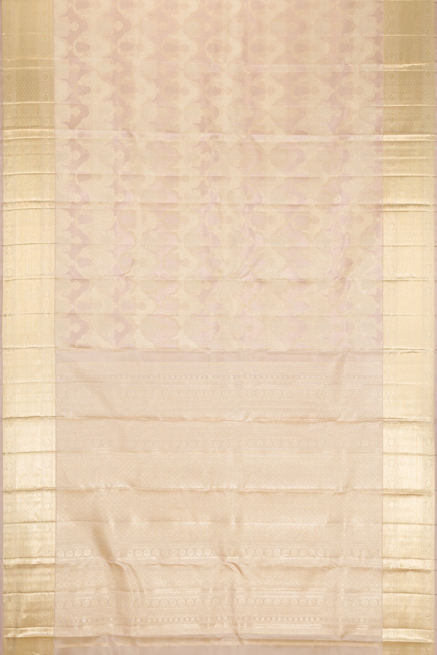 Flat view of Rose Gold Dual Tone Kanjivaram Silk Saree with Zari Brocade on the body and Zari Border. 