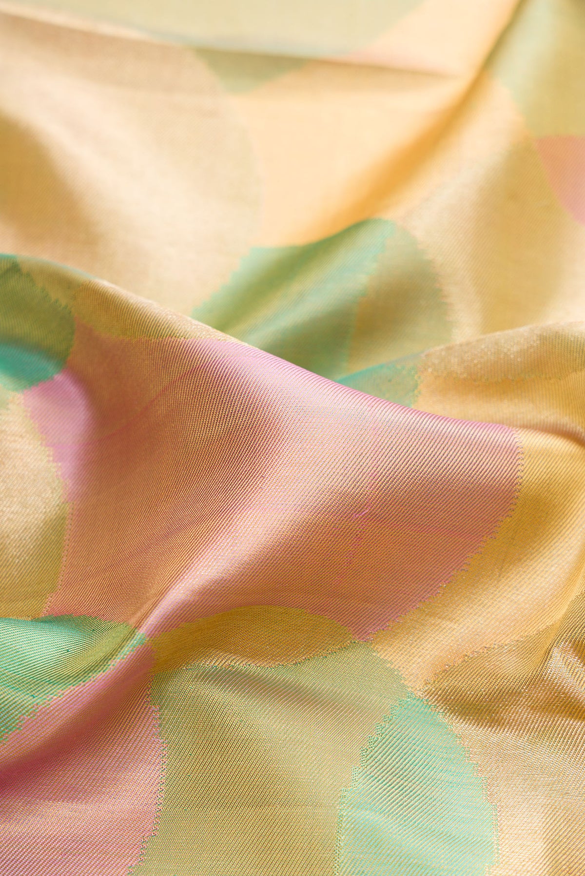 Close up of Multi Color Kanjivaram Tissue Saree with Zari Brocade on the body and Zari Border.  displaying folds
