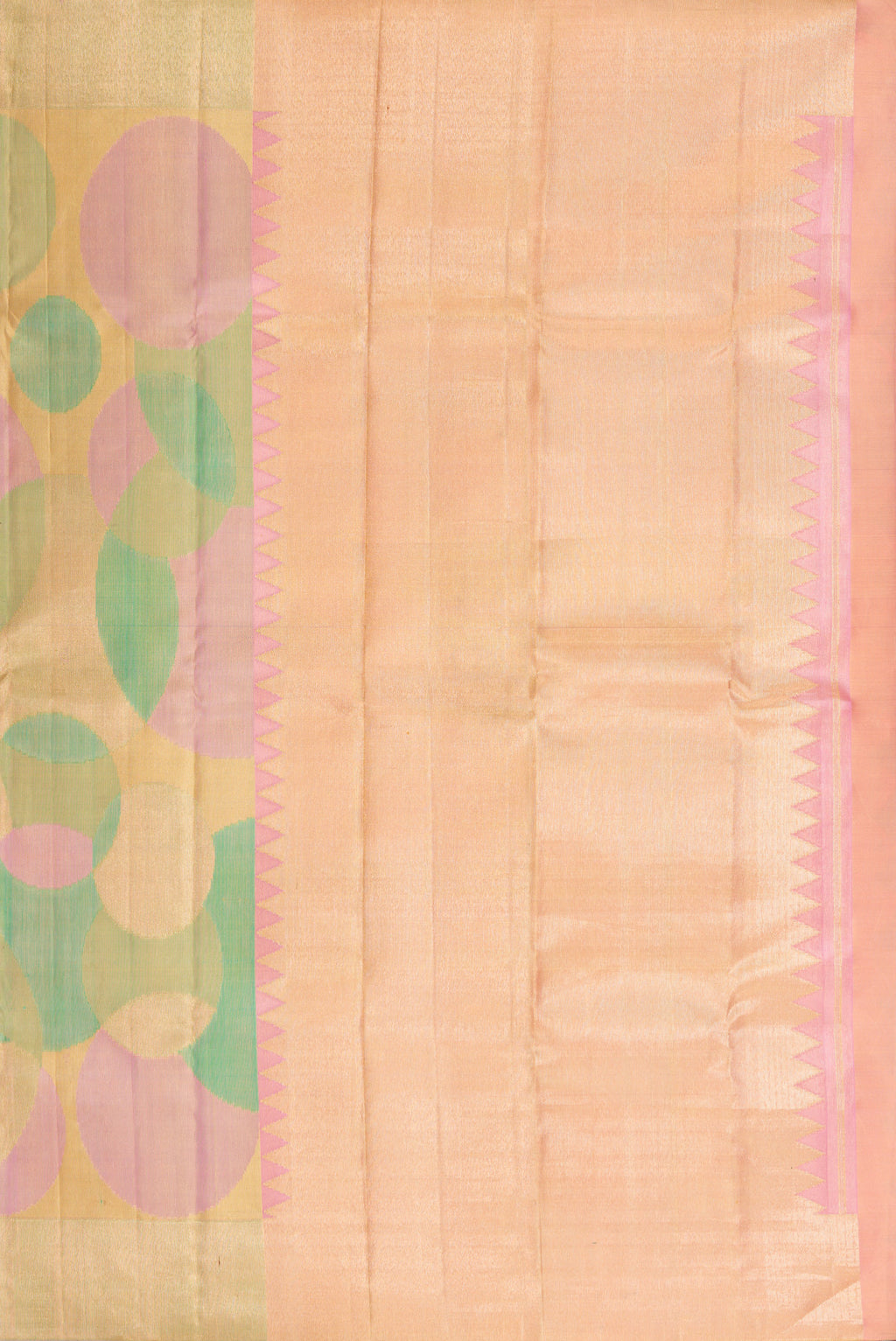 Close up image of the pallu of Multi Color Kanjivaram Tissue Saree with Zari Brocade on the body and Zari Border. 