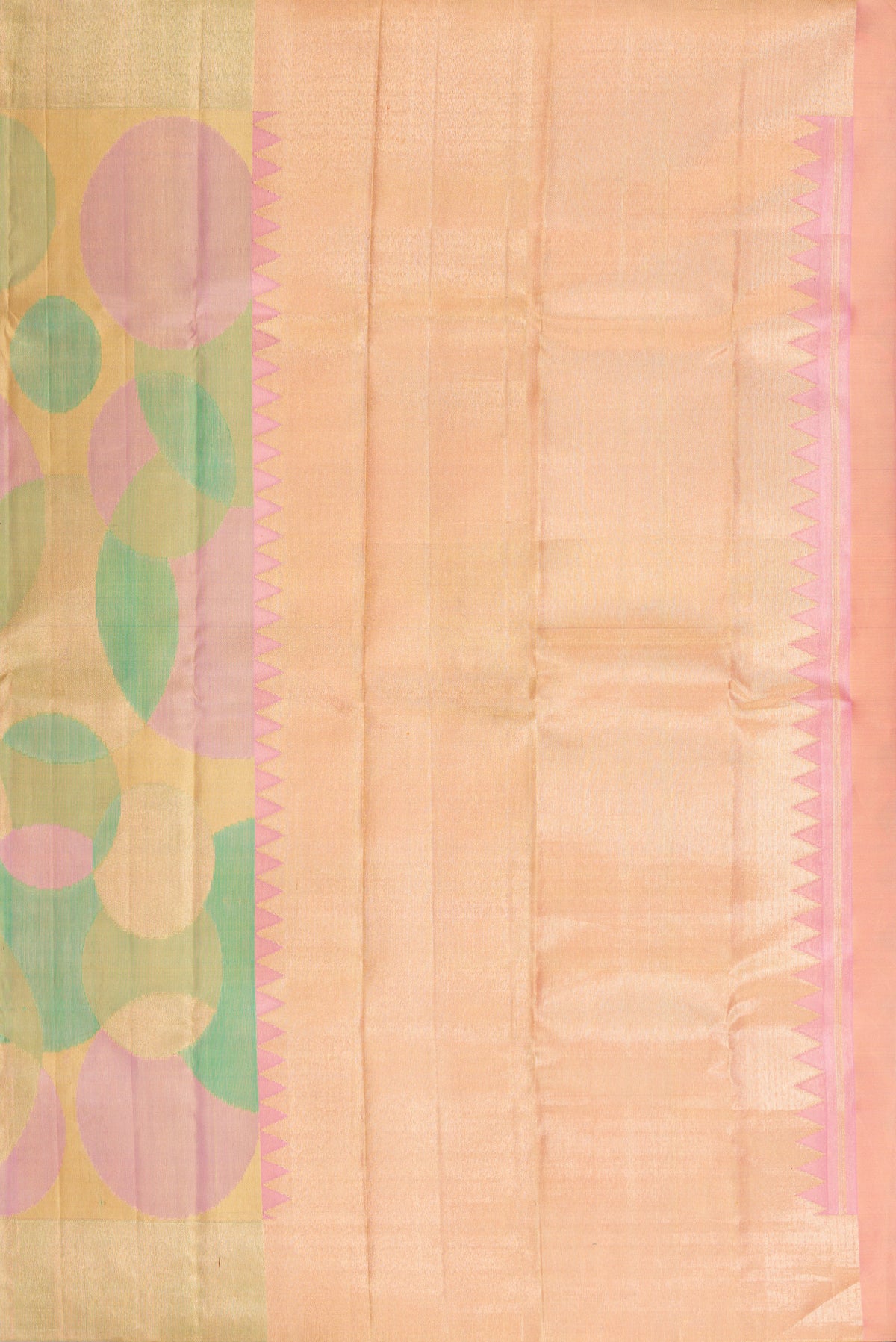 Close up image of the pallu of Multi Color Kanjivaram Tissue Saree with Zari Brocade on the body and Zari Border. 