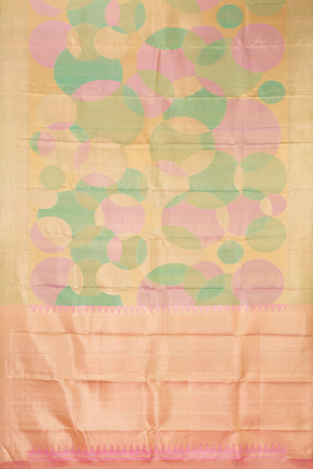 Flat view of Multi Color Kanjivaram Tissue Saree with Zari Brocade on the body and Zari Border. 