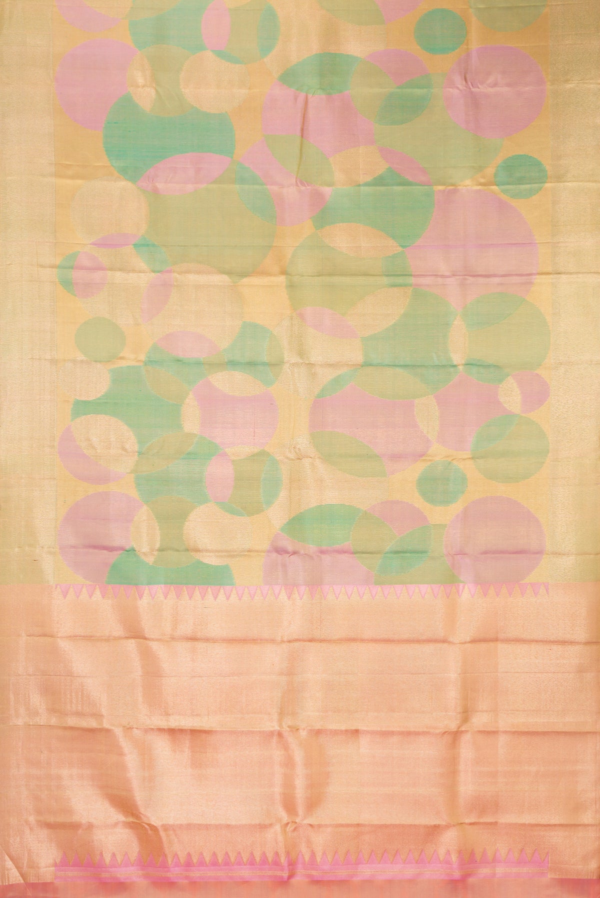 Flat view of Multi Color Kanjivaram Tissue Saree with Zari Brocade on the body and Zari Border. 