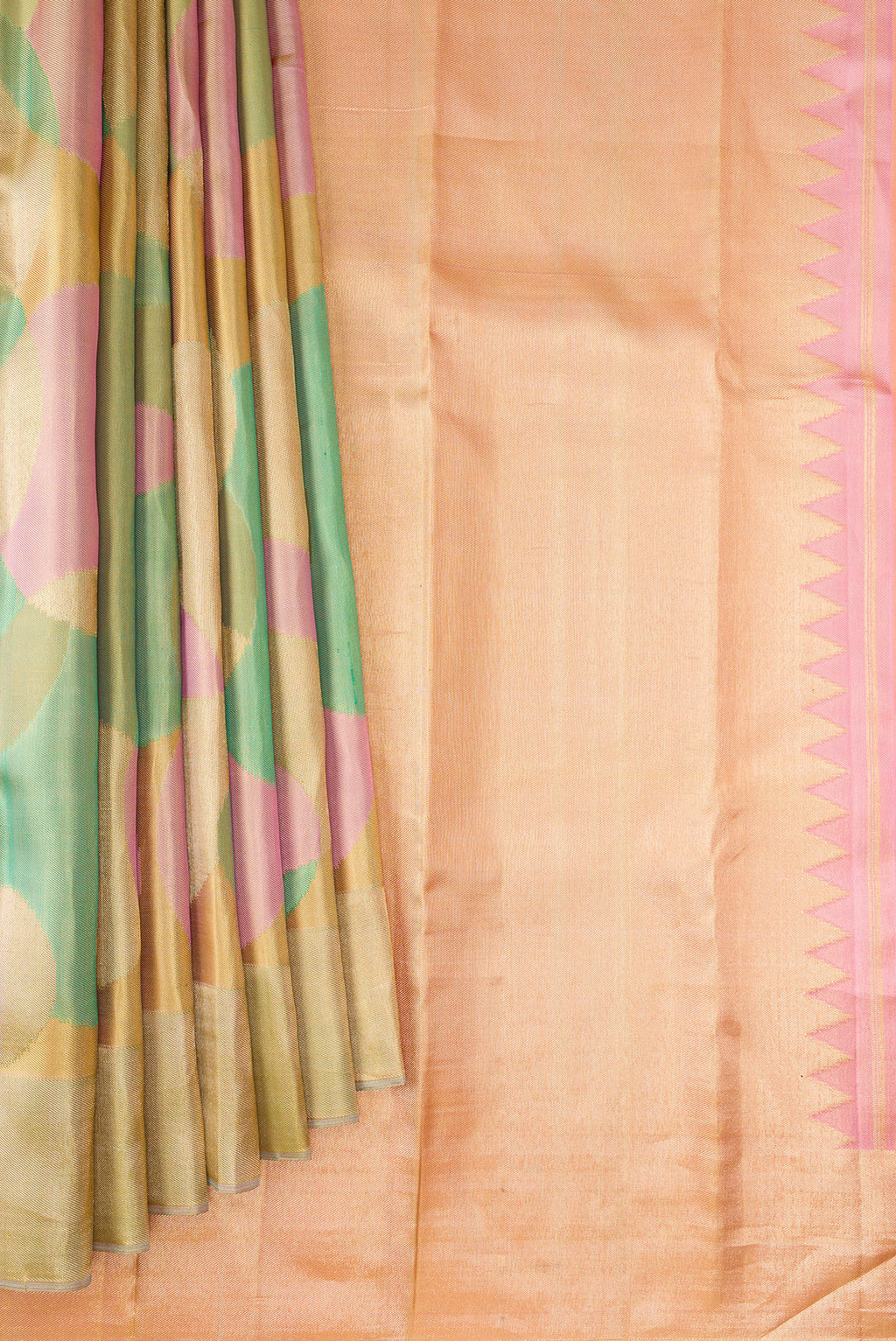 Pleats and pallu of Multi Color Kanjivaram Tissue Saree with Zari Brocade on the body and Zari Border. 