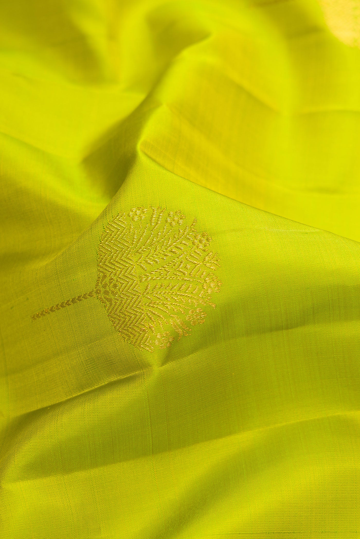 Close up of Parrot Green Kanjivaram Silk Saree with Zari Butta on the body and Zari Border.  displaying folds
