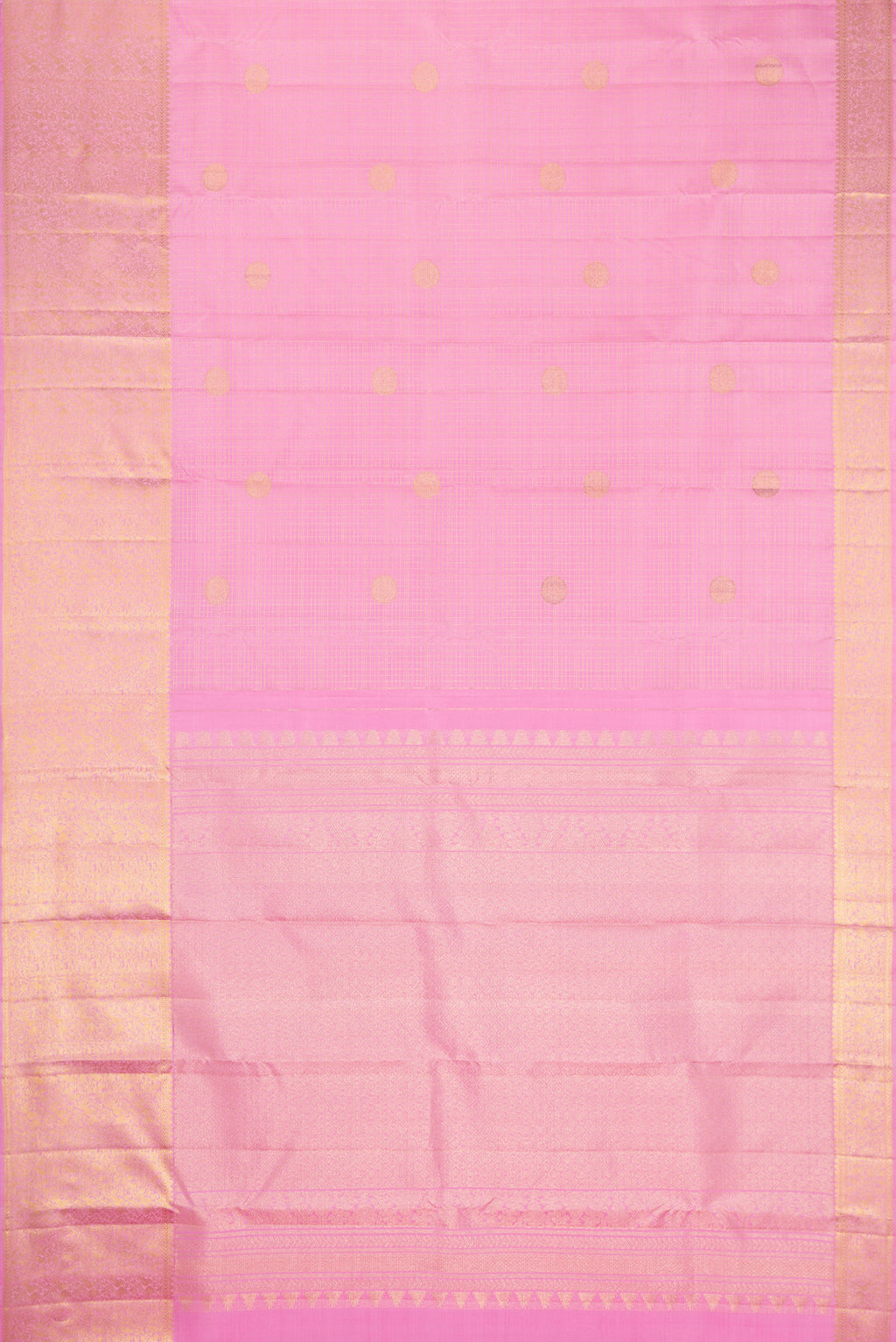 Flat view of Pink Dual Tone Kanjivaram Silk Saree with Checked design on the body and Zari Border. 