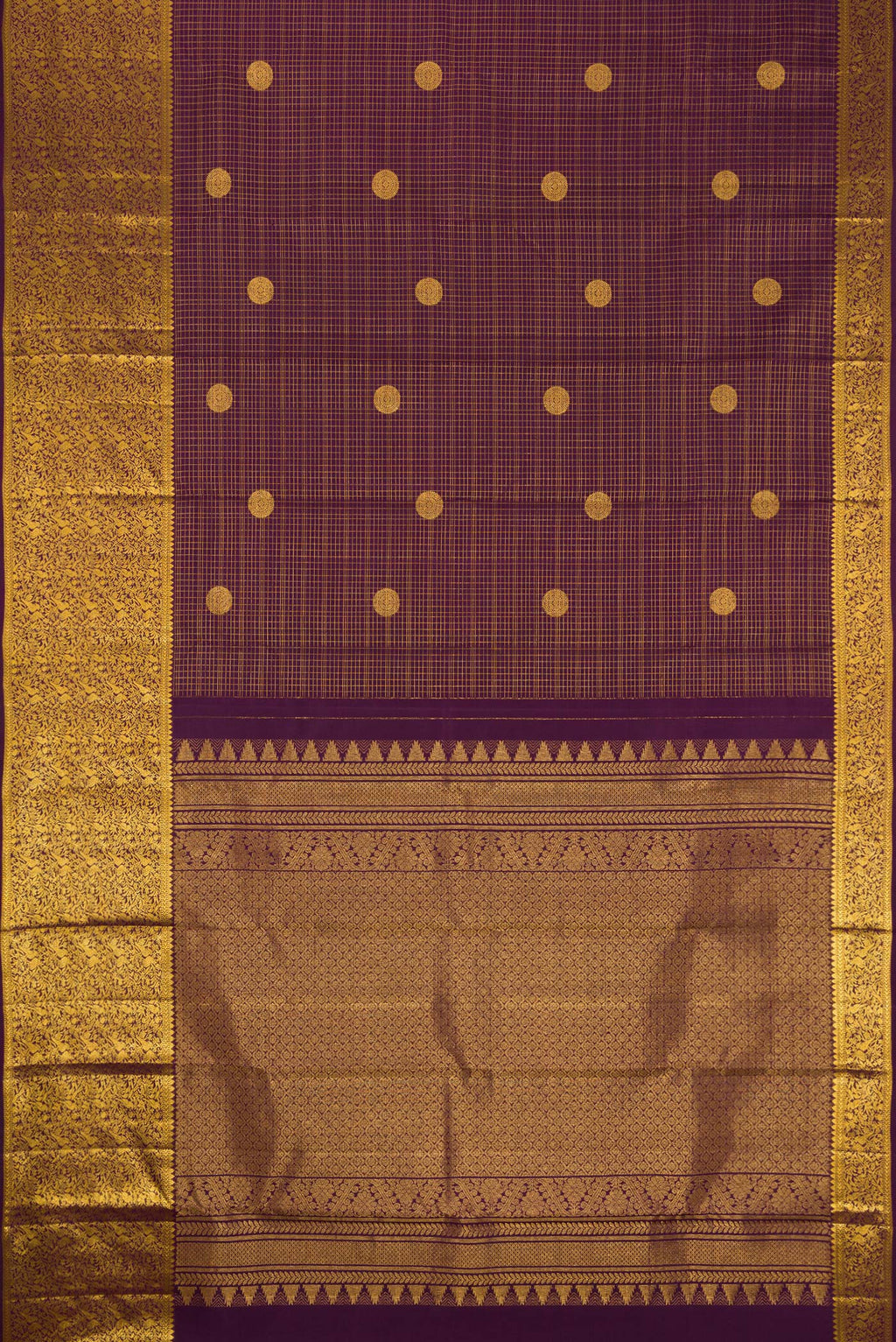 Flat view of Burgundy Dual Tone Kanjivaram Silk Saree with Stripes on the body and Zari Border. 