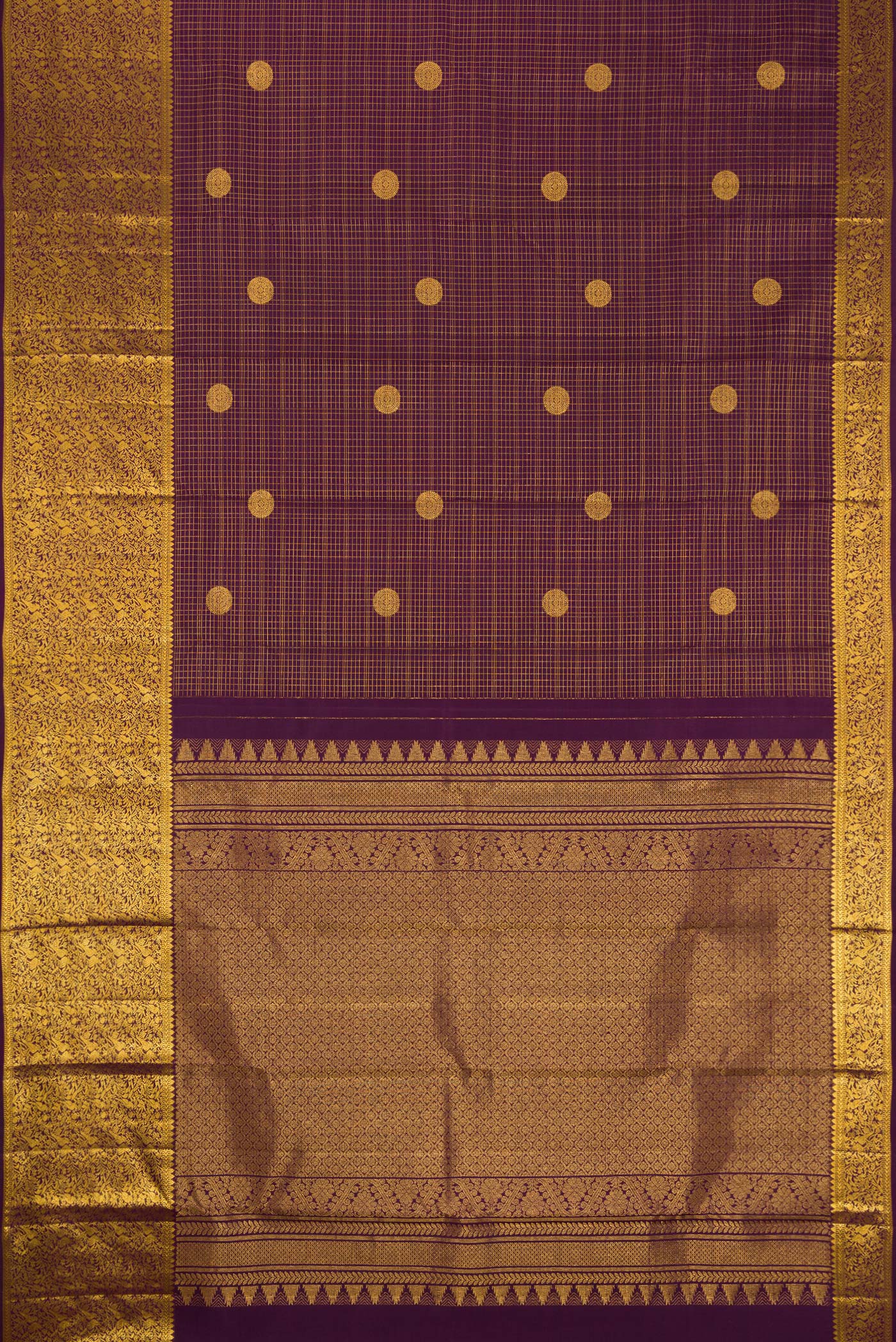 Flat view of Burgundy Dual Tone Kanjivaram Silk Saree with Stripes on the body and Zari Border. 