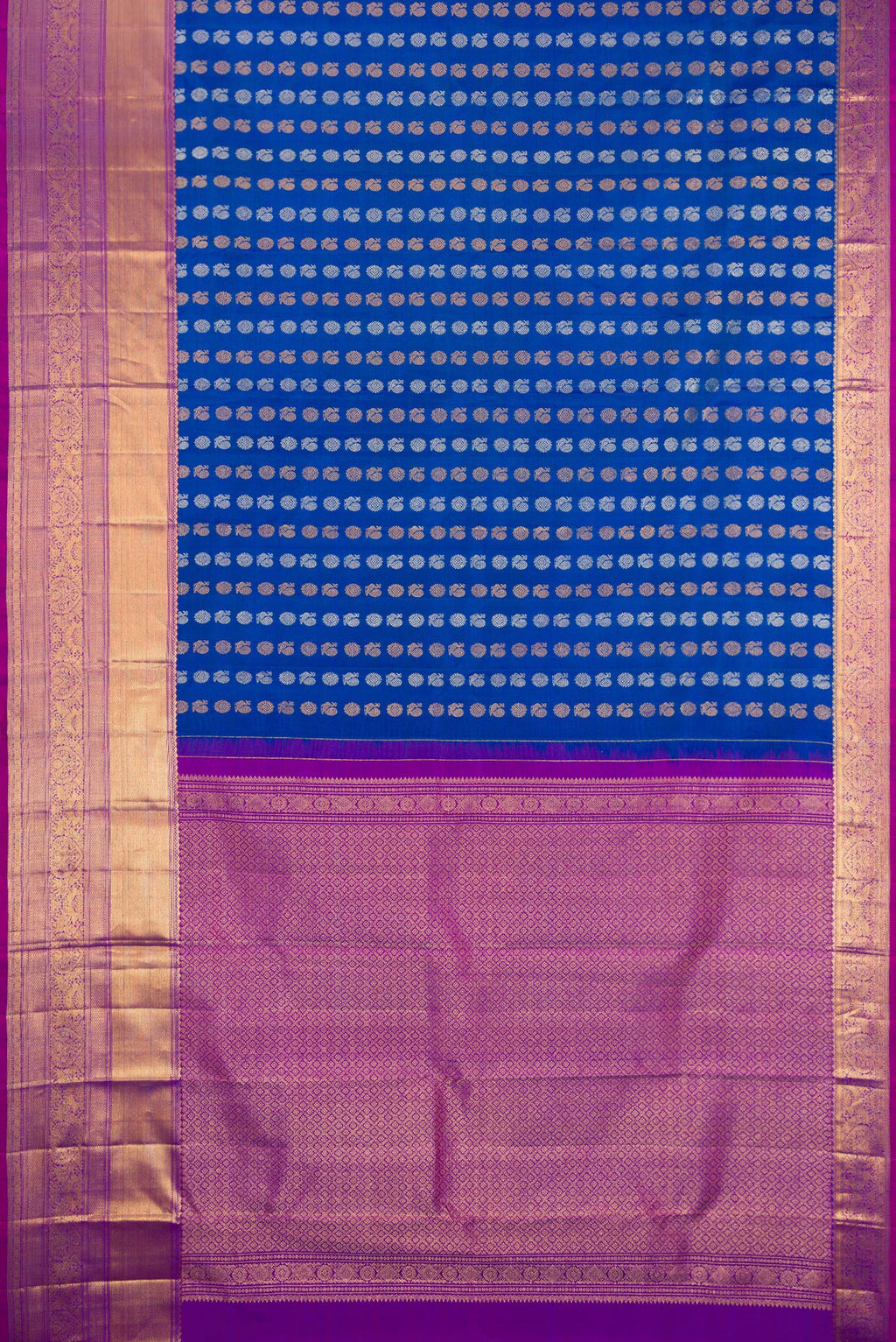 Flat view of Royal Blue Kanjivaram Silk Saree with Zari Butta on the body and Zari Border. 