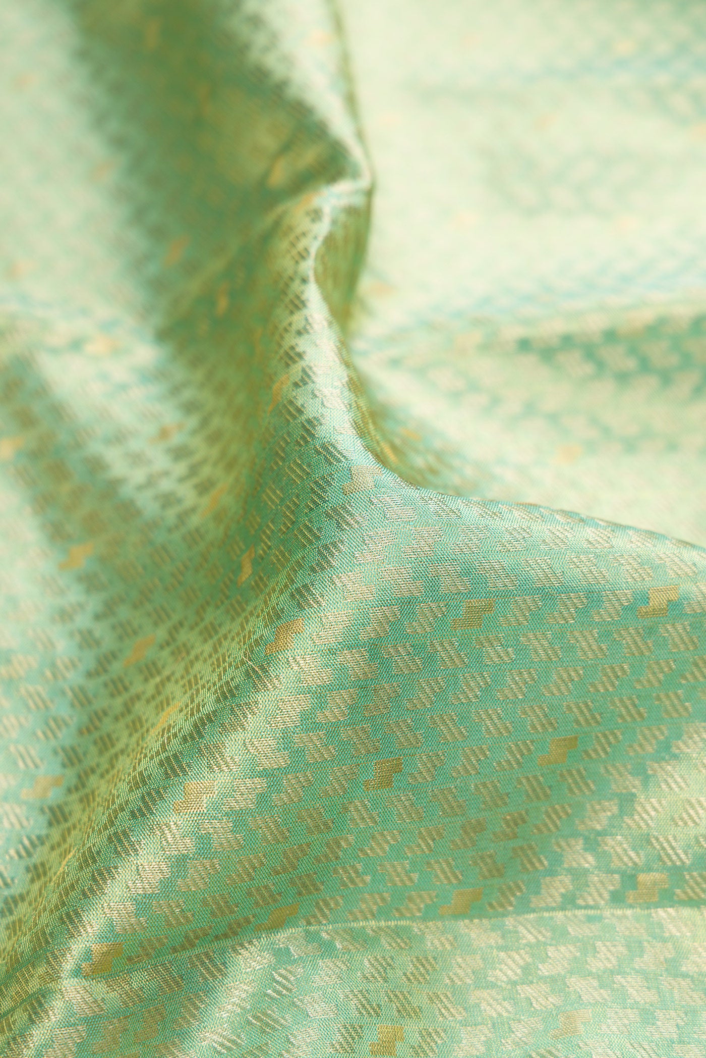 Close up of Light Green Dual Tone Kanchipuram Tissue Silk Saree with Zari Brocade on the body and Zari Border.  displaying folds