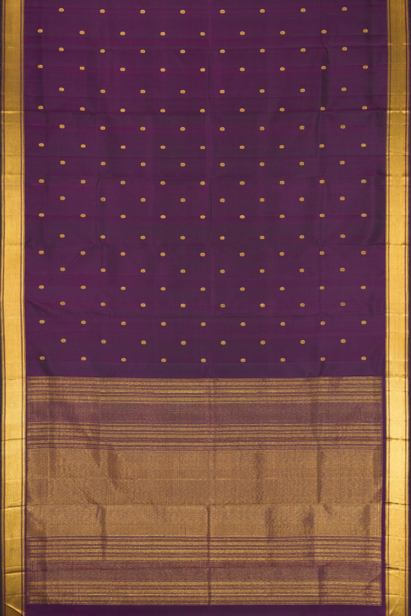 Flat view of Purple Kanjivaram Silk Saree with Zari Butta on the body and Zari Border. 