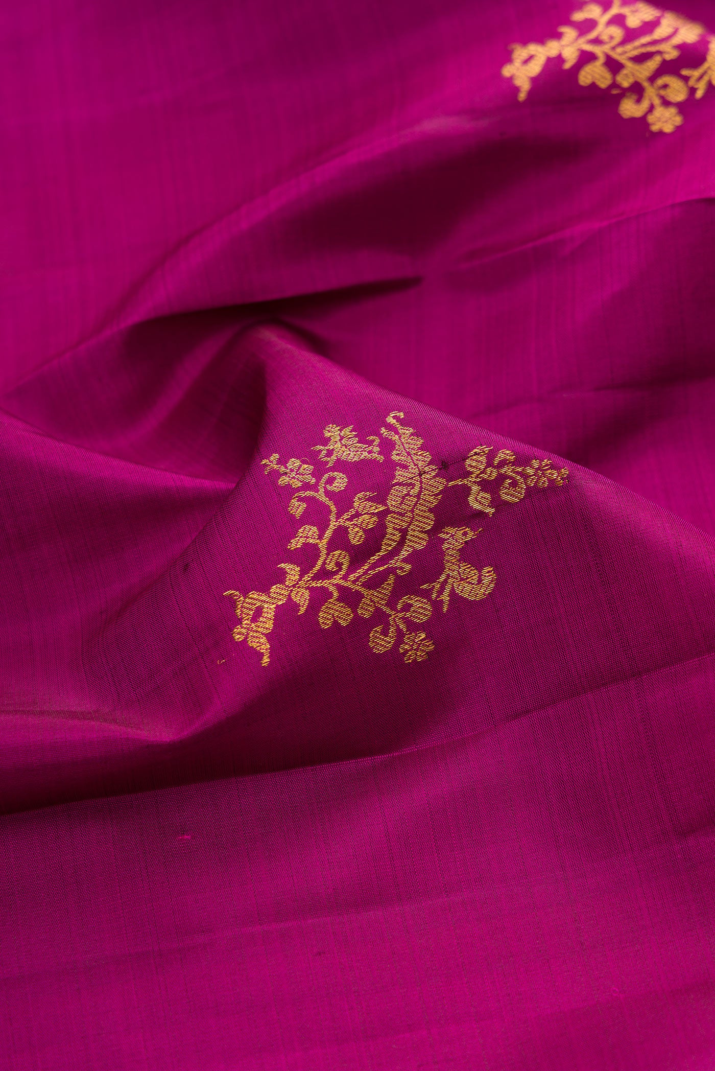 Close up of Magenta Kanchipuram Silk Saree with Zari Butta on the body and Fancy Border.  displaying folds