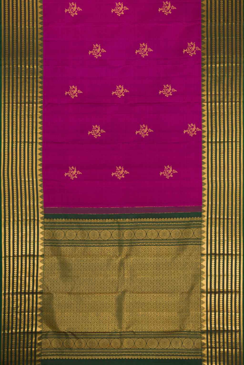 Flat view of Magenta Kanchipuram Silk Saree with Zari Butta on the body and Fancy Border. 