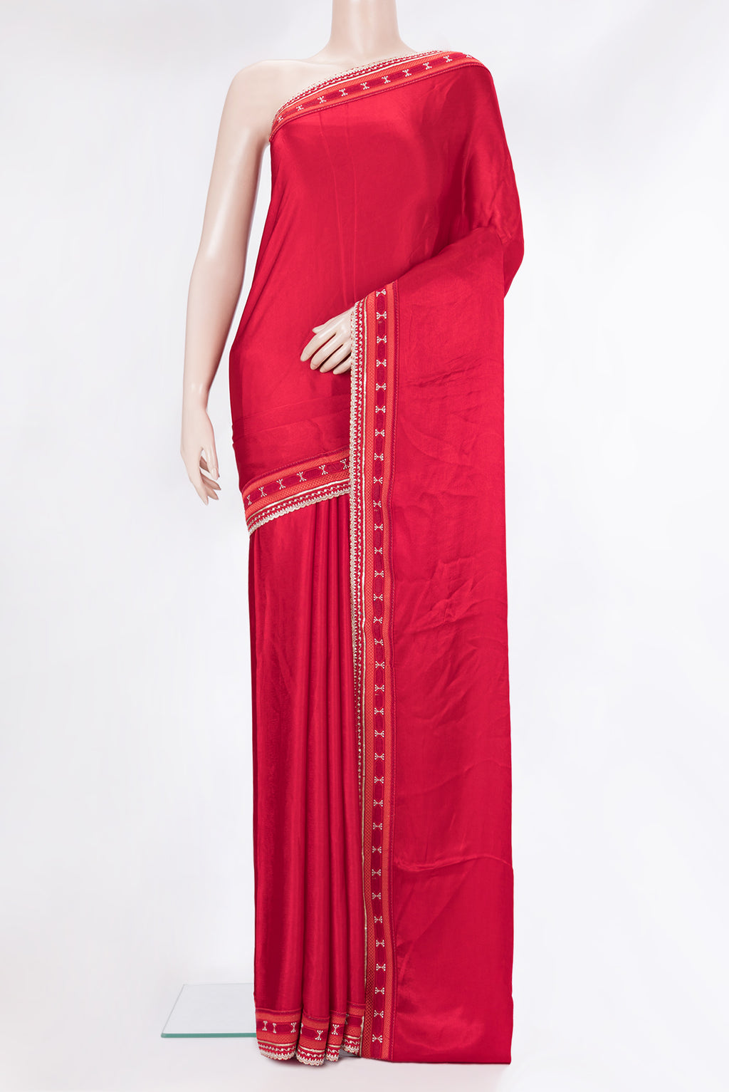 Red Satin Crepe Saree with Plain Body and Embroidery Border.  displayed on a mannequin