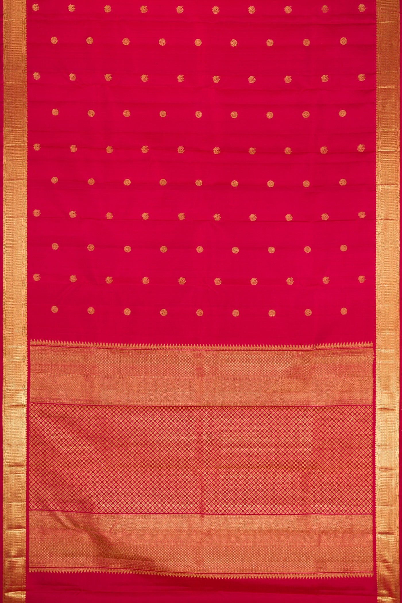 Flat view of Maroon Kanchipuram Silk Saree with Zari Butta on the body and Zari Border. 