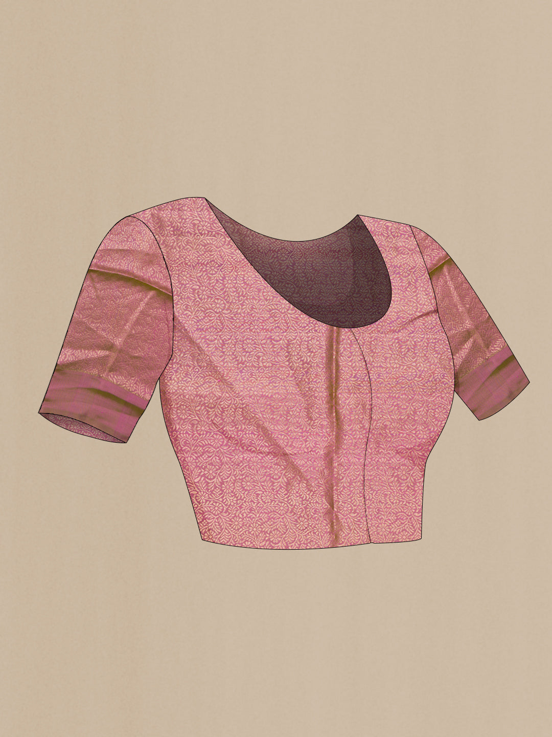 Close up image of the blouse of Pink Soft Silk Saree with Stripes on the body and Zari Border. 