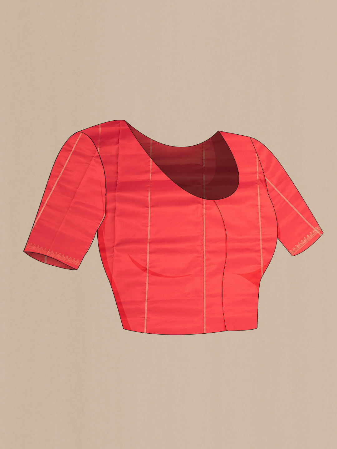Close up image of the blouse of Pure Silk Red Dual Tone Soft Saree with Zari Butta on the body and Zari Border. 