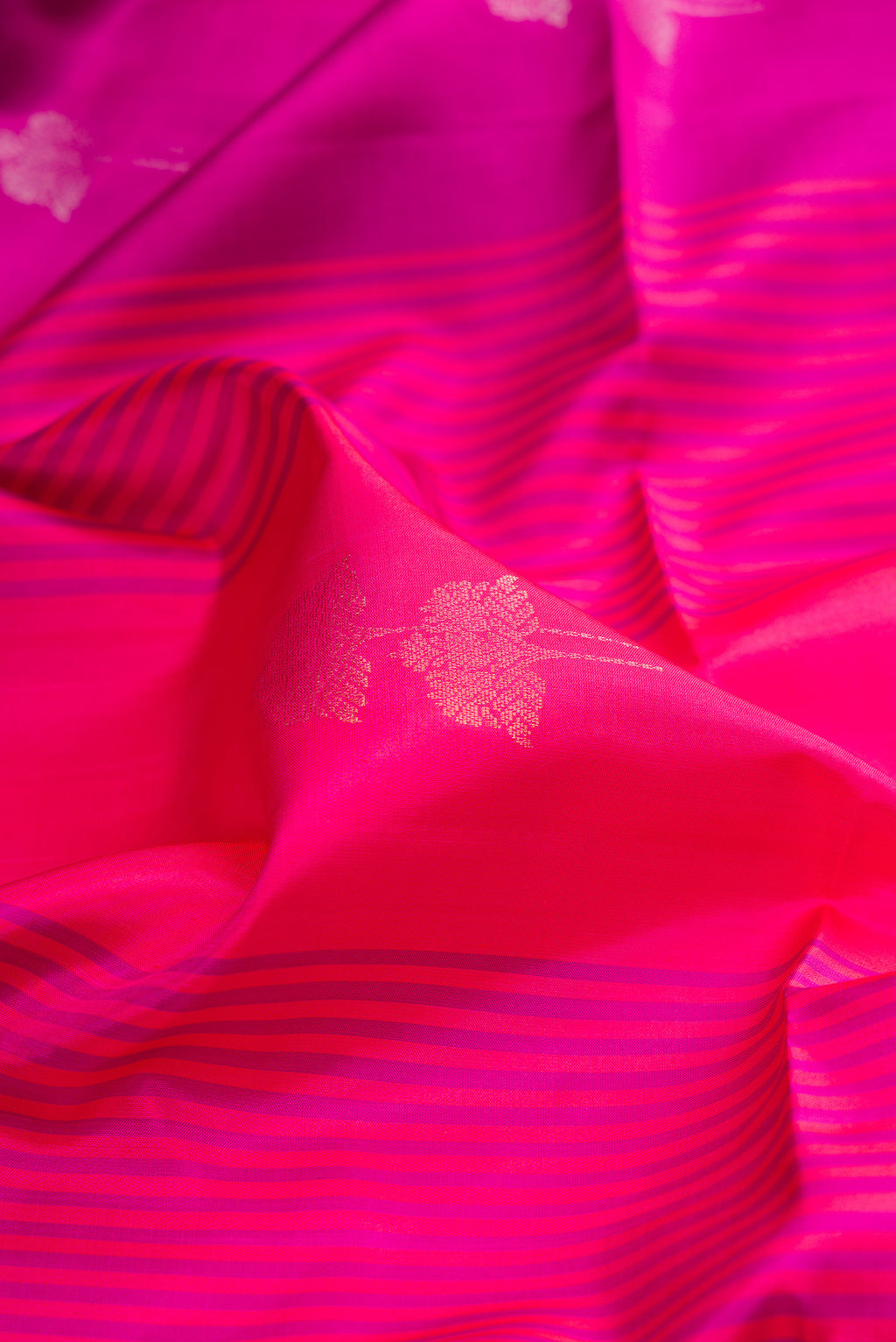 Close up of Multi Color Soft Silk Saree with Stripes on the body and Plain Border.  displaying folds