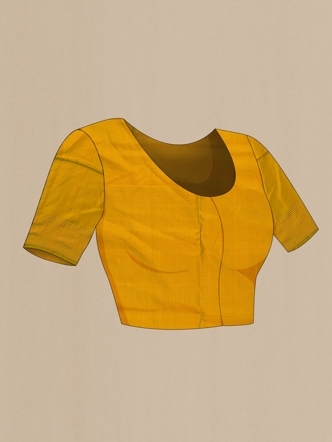 Close up image of the blouse of Orange Soft Silk Saree with Zari Butta on the body and Fancy Border. 