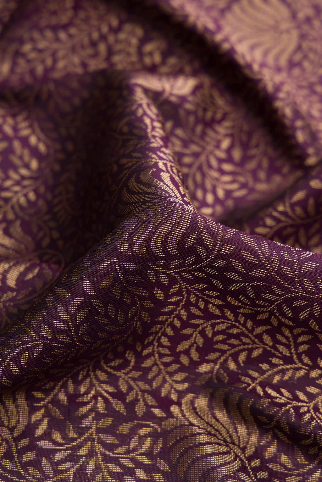 Close up of Brown Soft Silk Saree with Zari Brocade on the body and Plain Border.  displaying folds