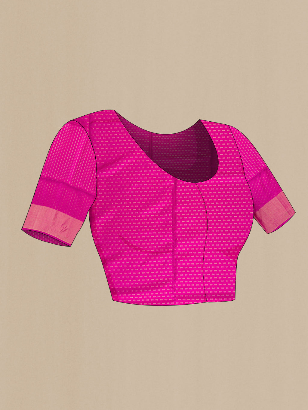 Close up image of the blouse of Pink Soft Silk Saree with Zari Butta on the body and Zari Border. 