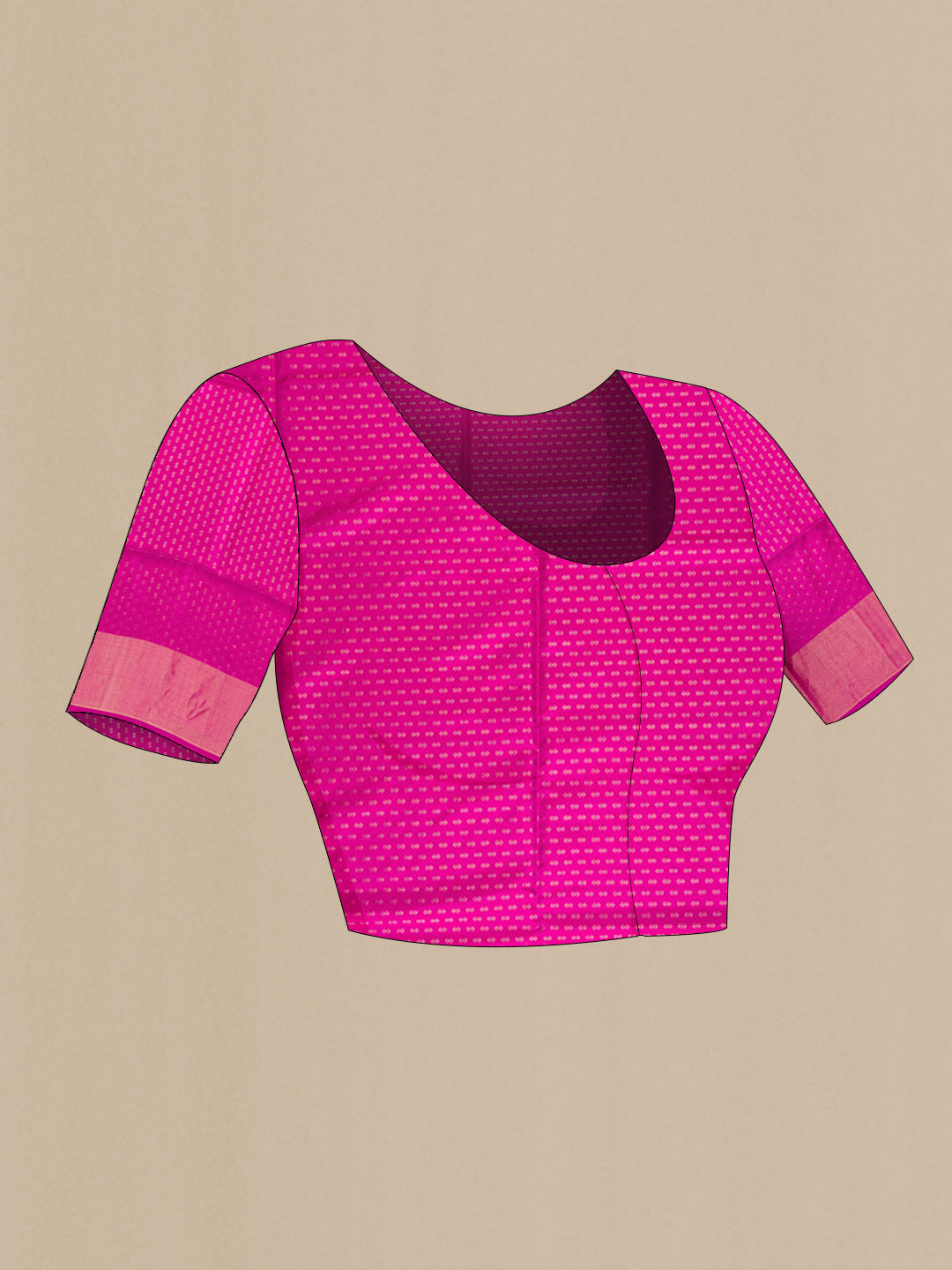 Close up image of the blouse of Pink Soft Silk Saree with Zari Butta on the body and Zari Border. 