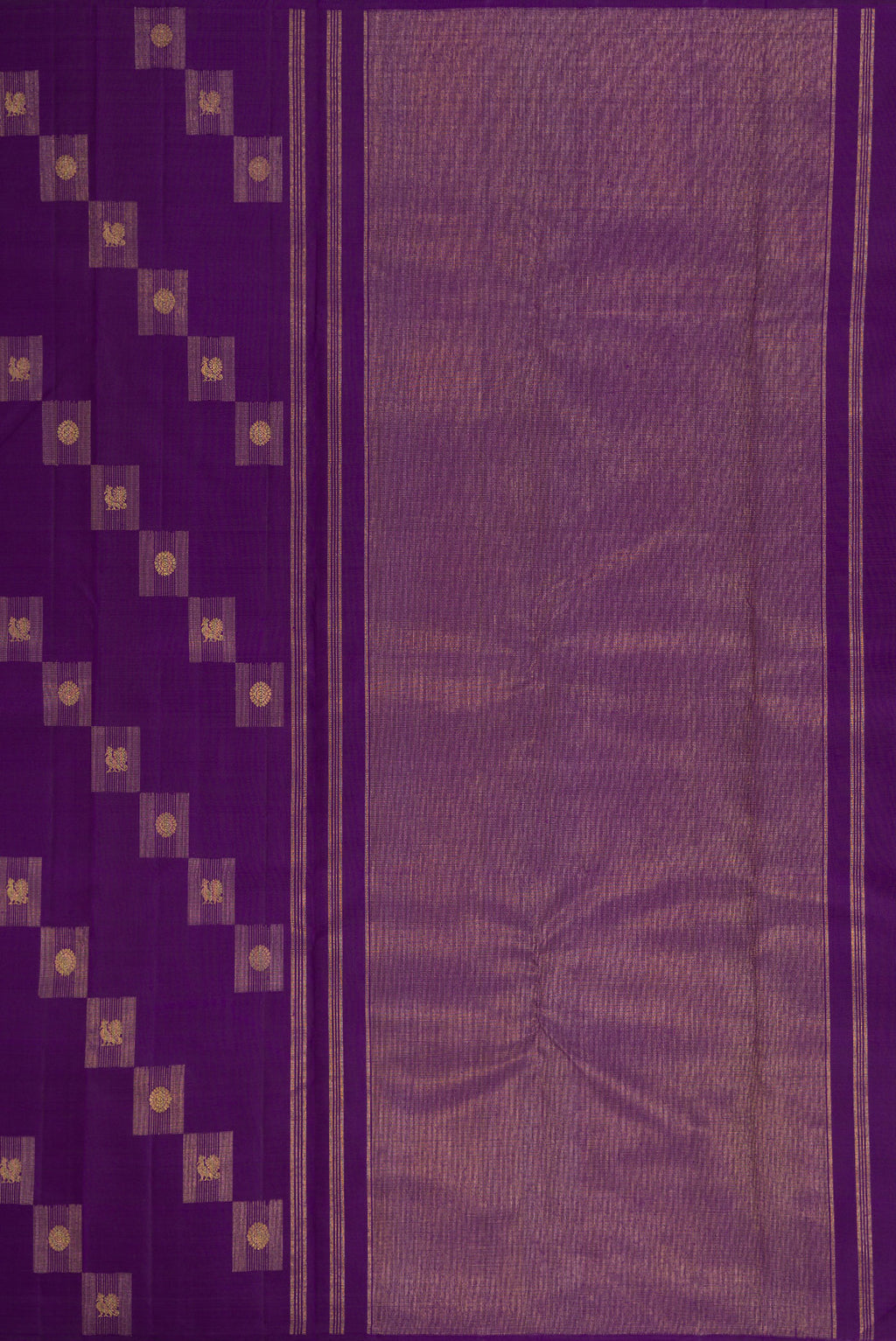 Close up image of the pallu of Pure Silk Pure Zari Violet Kanjivaram Saree with Zari Butta on the body and Without Border. 