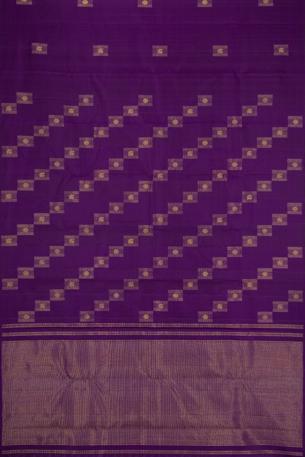 Flat view of Pure Silk Pure Zari Violet Kanjivaram Saree with Zari Butta on the body and Without Border. 