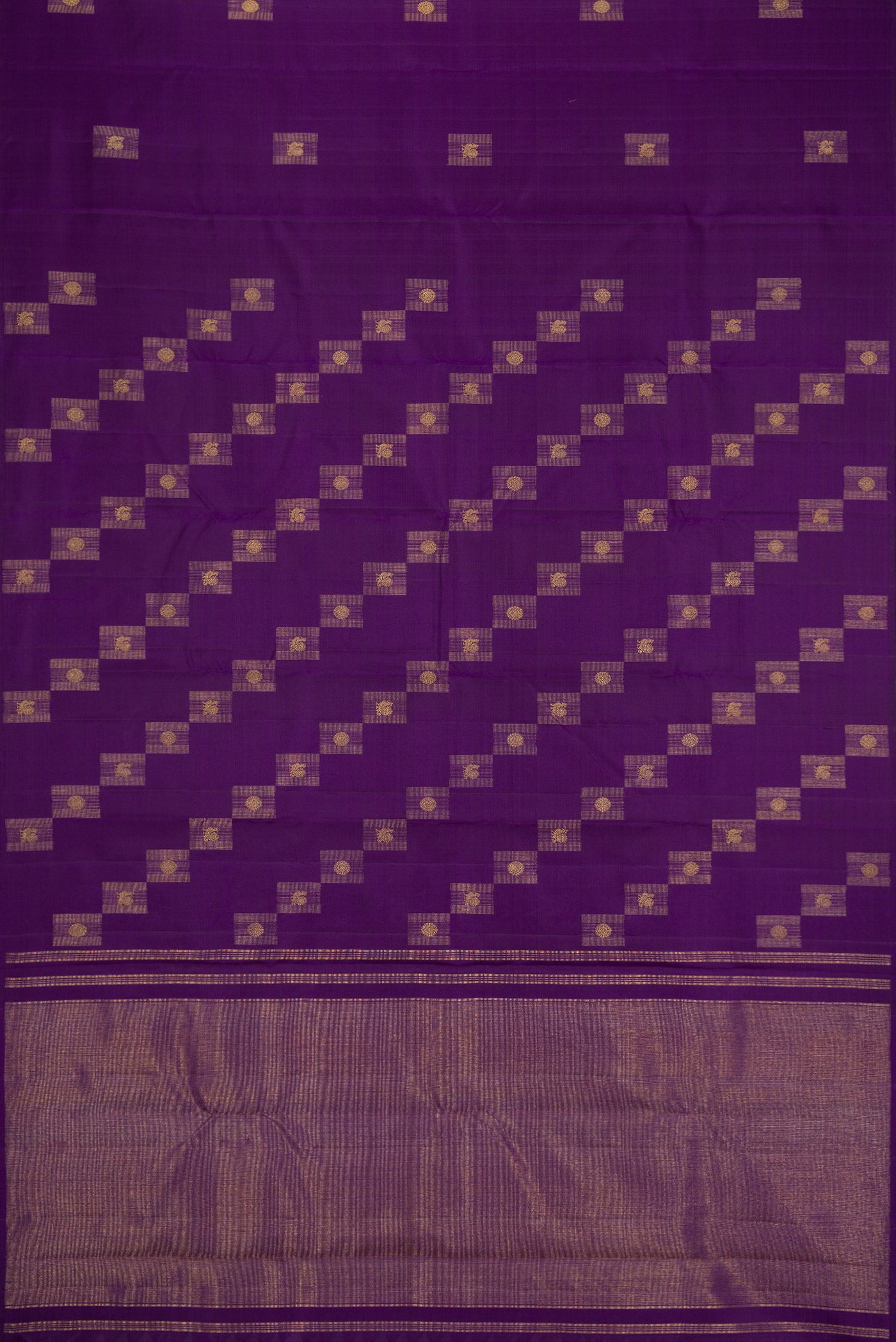 Flat view of Pure Silk Pure Zari Violet Kanjivaram Saree with Zari Butta on the body and Without Border. 