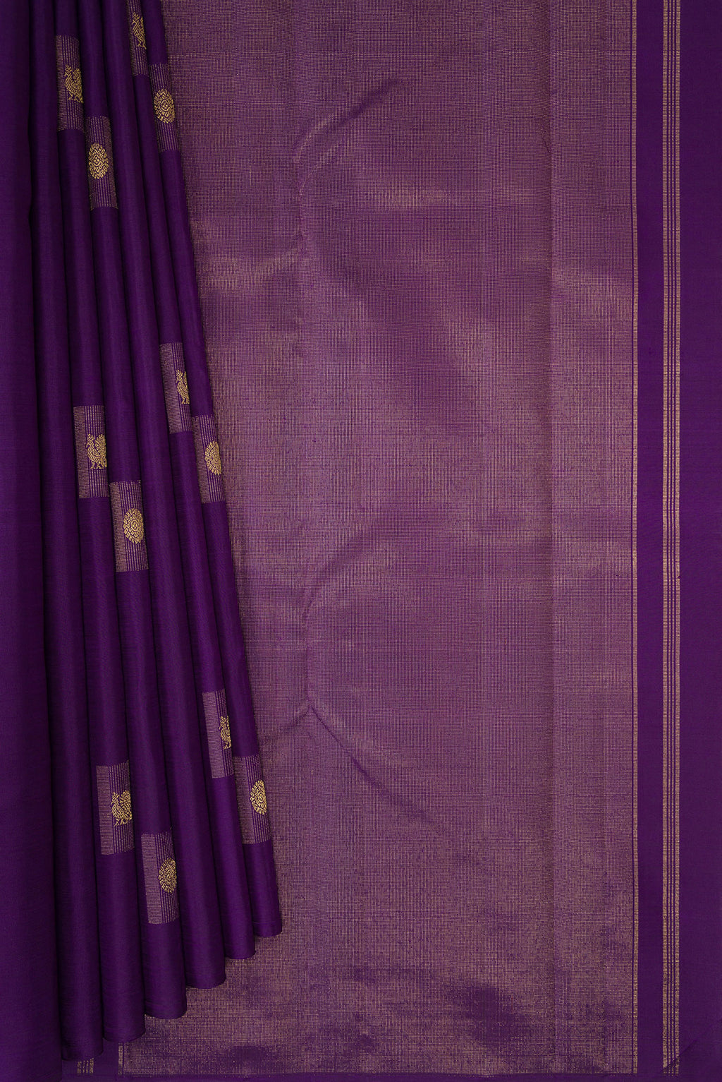 Pleats and pallu of Pure Silk Pure Zari Violet Kanjivaram Saree with Zari Butta on the body and Without Border. 