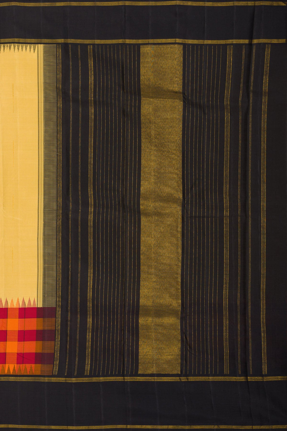 Close up image of the pallu of Sandal Kanchipuram Silk Saree with Stripes on the body and Fancy Border. 